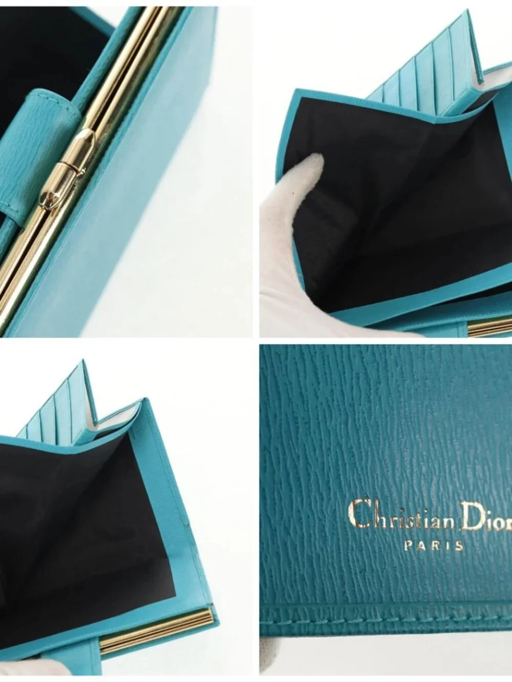 Christian Dior Long Wallet Leather Light Blue Gold Auth